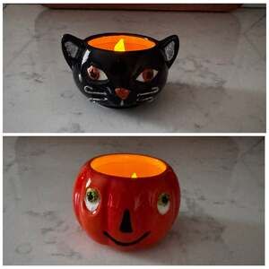 Hallmark Halloween ceramic tea light candle holder jack-o'-lantern black cat VTG